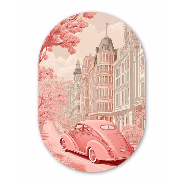 City - Car - Pink Wandcirkel Ovaal Forex klein -3d