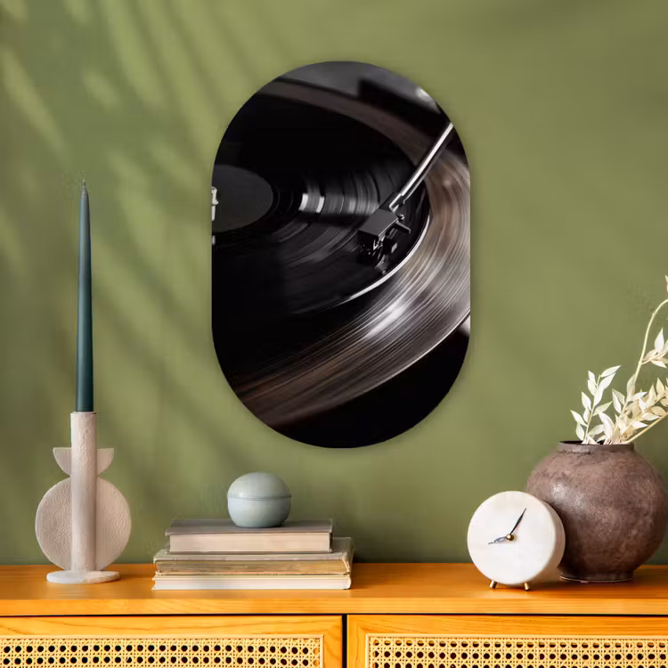 Close-up - Vinylplaat - Platenspeler - Zwart Wandcirkel Ovaal Forex klein -sfeer2