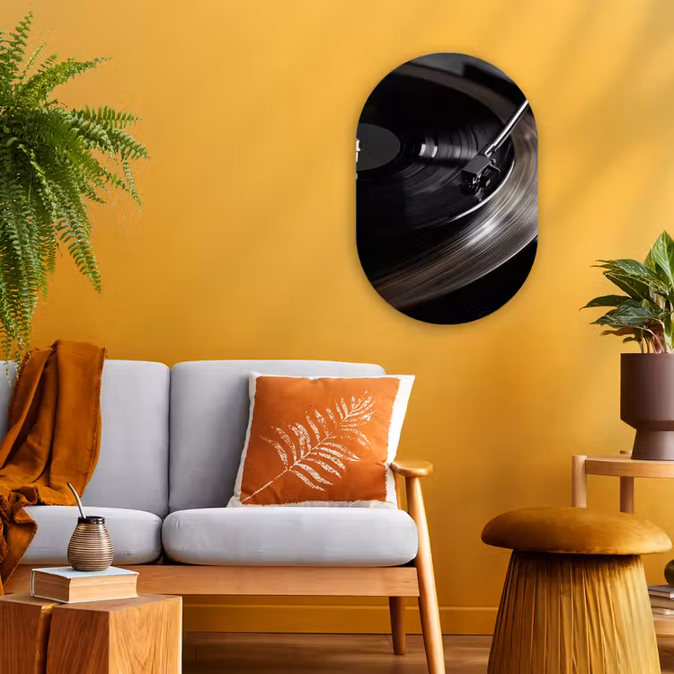Close-up - Vinylplaat - Platenspeler - Zwart Wandcirkel Ovaal Forex klein -sfeer4