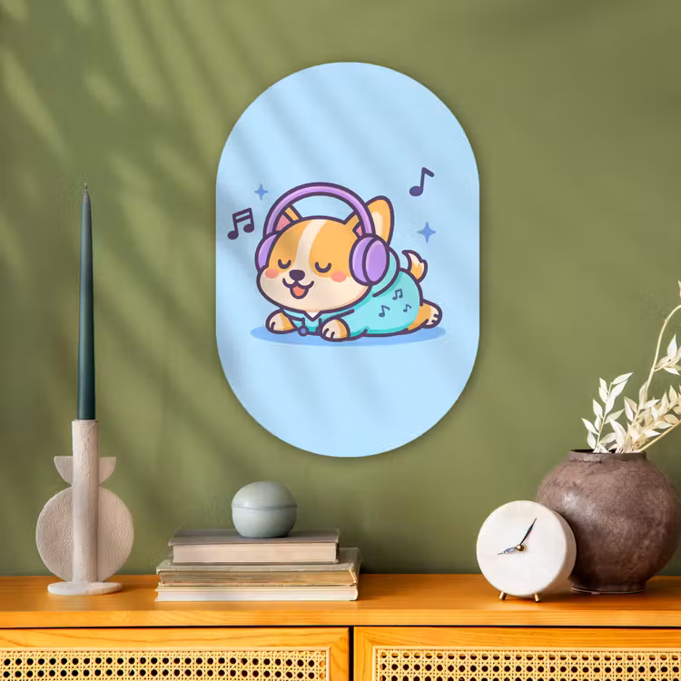 Corgi - Koptelefoon - Blauw - Muzieknoten Wandcirkel Ovaal Forex klein -sfeer2