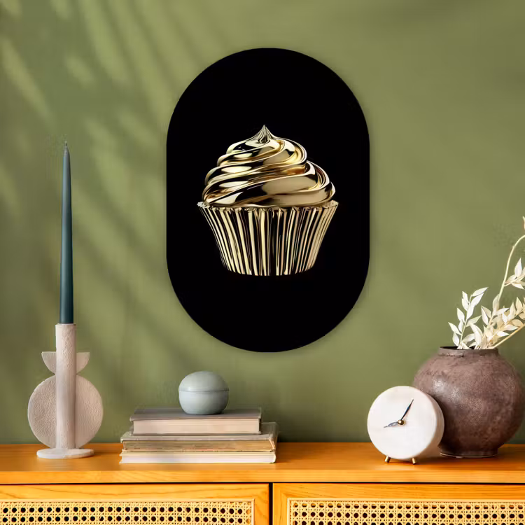 Cupcake - Eten - Goud - Zwart Wandcirkel Ovaal Forex klein -sfeer2