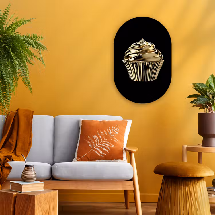 Cupcake - Eten - Goud - Zwart Wandcirkel Ovaal Forex klein -sfeer4