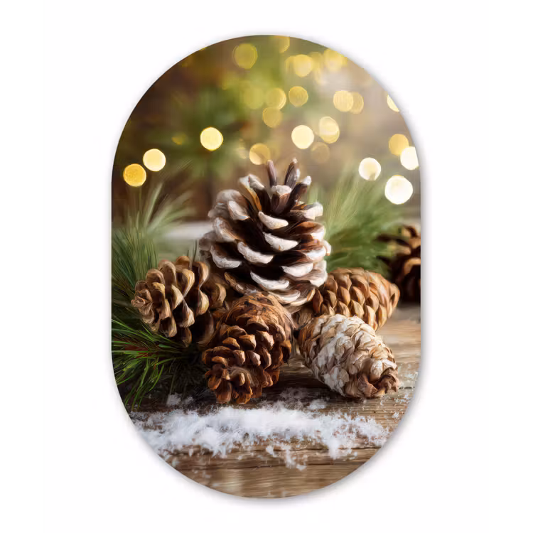 Dennenappels - Kerstsfeer - Bruin - Groen Wandcirkel Ovaal Forex klein -3d