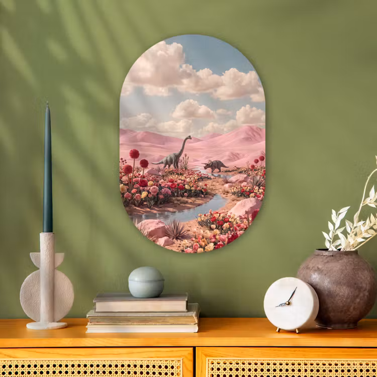 Muurovaal - Dinosaurus - Roze - Landschap - Dinosaurus - Roze - Landschap Wandcirkel Ovaal Forex klein