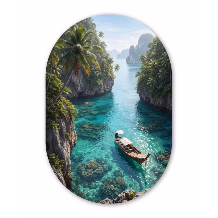 Eiland - Tropisch - Water - Palmbomen - Natuur Wandcirkel Ovaal Forex klein -3d