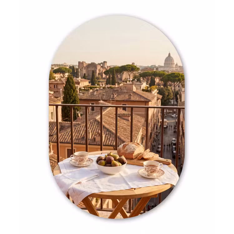 Eten - Ontbijt - Balkon - Stad - Zonsopgang Wandcirkel Ovaal Forex klein -3d