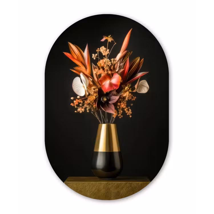 Exotisch - Boeket - Vaas - Goud Wandcirkel Ovaal Forex klein -3d
