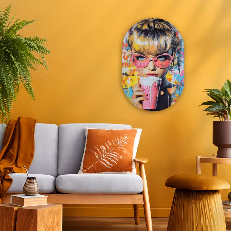 Expressief - Milkshake - Vrouw - Felle kleuren Wandcirkel Ovaal Forex klein -sfeer4