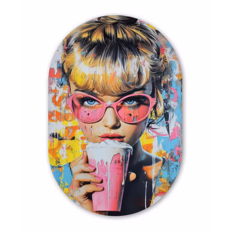 Expressief - Milkshake - Vrouw - Felle kleuren Wandcirkel Ovaal Forex klein -3d