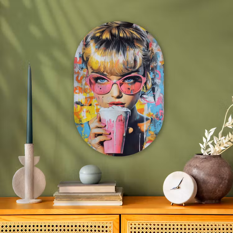 Expressief - Milkshake - Vrouw - Felle kleuren Wandcirkel Ovaal Forex klein -sfeer2