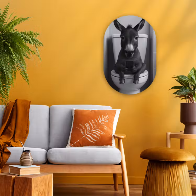 Ezel - Telefoon - Toilet - Zwart - Wit Wandcirkel Ovaal Forex klein -sfeer4