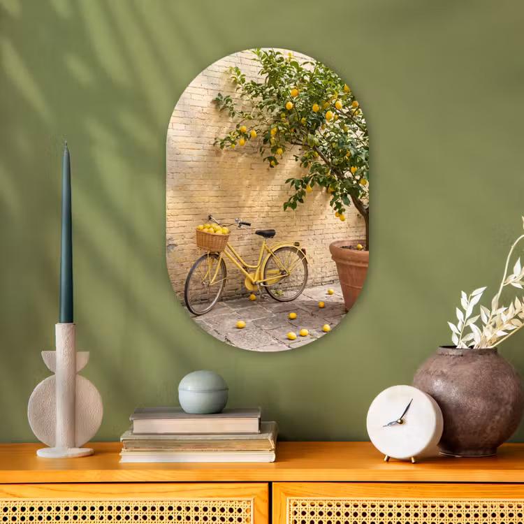 Fiets - Mand - Eten - Geel - Zomer Wandcirkel Ovaal Forex klein -sfeer2