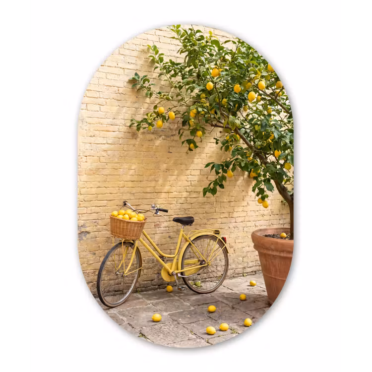 Fiets - Mand - Eten - Geel - Zomer Wandcirkel Ovaal Forex klein -3d
