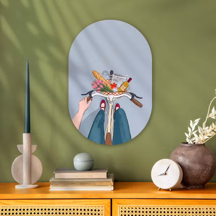 Fiets - Picknick - Zomer - Illustratie Wandcirkel Ovaal Forex klein -sfeer2