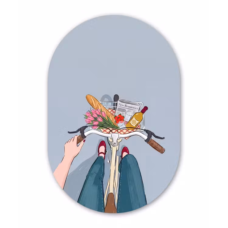 Fiets - Picknick - Zomer - Illustratie Wandcirkel Ovaal Forex klein -3d