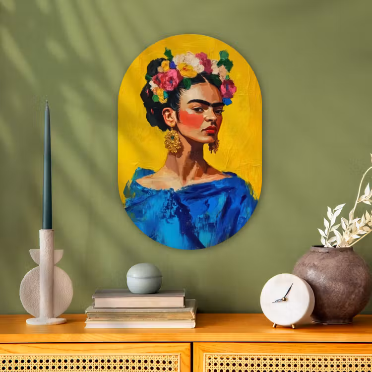 Frida Kahlo - Vrouw - Geel - Blauw - Bloemen Wandcirkel Ovaal Forex klein -sfeer2