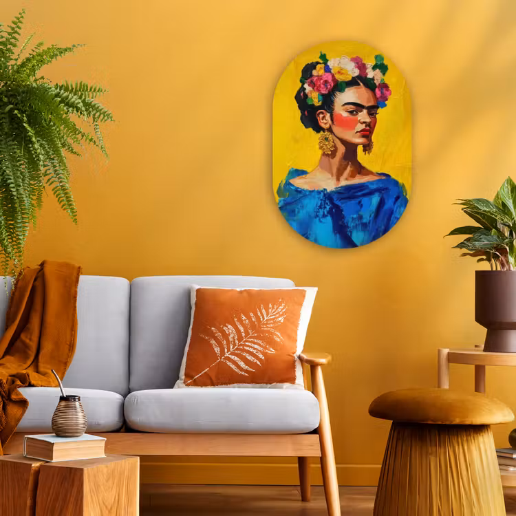 Frida Kahlo - Vrouw - Geel - Blauw - Bloemen Wandcirkel Ovaal Forex klein -sfeer4