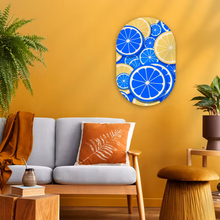 Fruit - Schijven - Patroon - Modern - Blauw - Geel Wandcirkel Ovaal Forex klein -sfeer4
