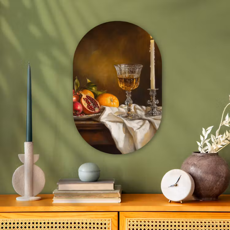 Fruit -  Stilleven - Wijn - Kaars Wandcirkel Ovaal Forex klein -sfeer2