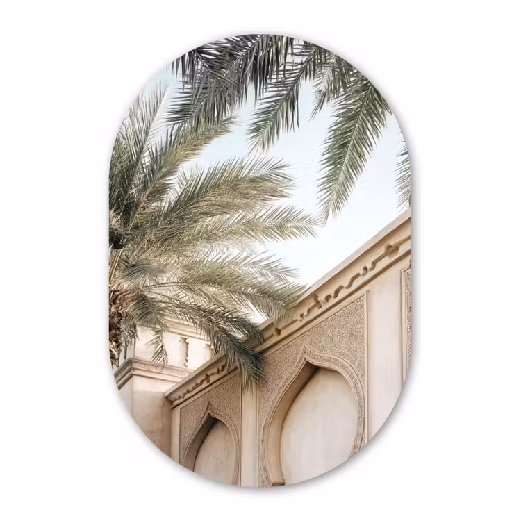 Gebouw - Palmbomen - Beige - Zon Wandcirkel Ovaal Forex klein -3d