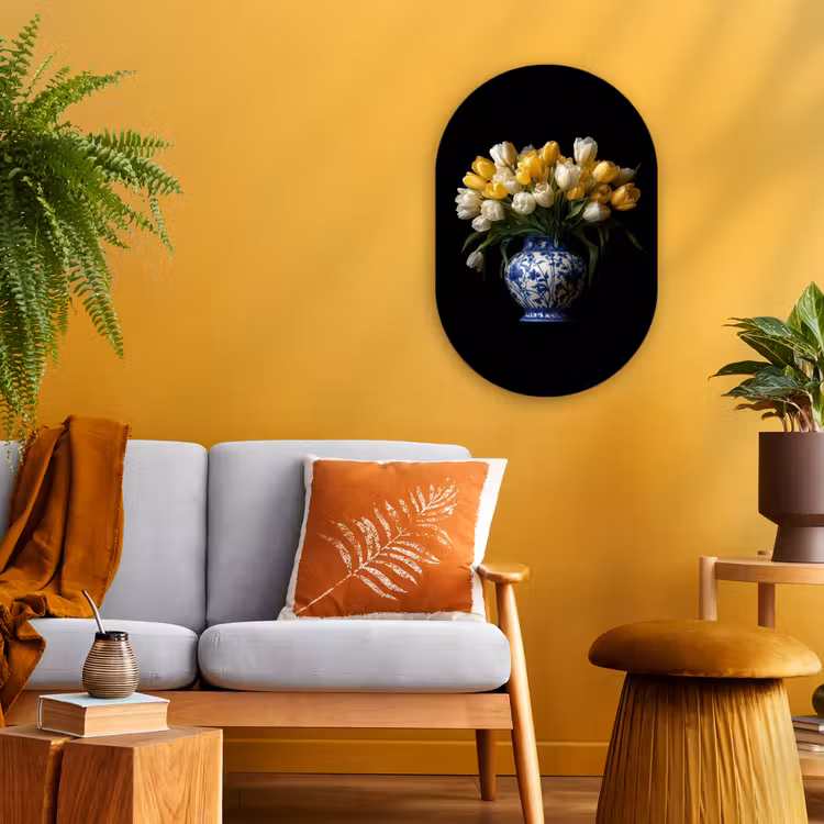 Geel - Tulpen - Vaas - Bloemen Wandcirkel Ovaal Forex klein -sfeer4