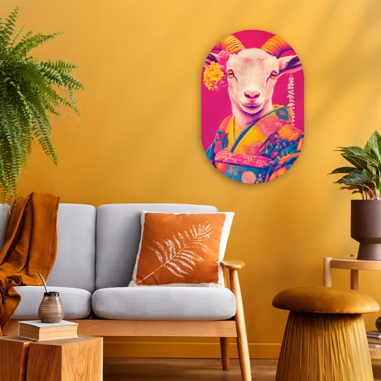 Geit - Hoorns - Kimono - Kleurrijk Wandcirkel Ovaal Forex klein -sfeer4