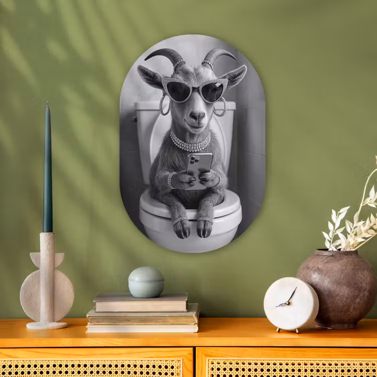 Geit - Telefoon - Toilet - Zwart - Wit Wandcirkel Ovaal Forex klein -sfeer2