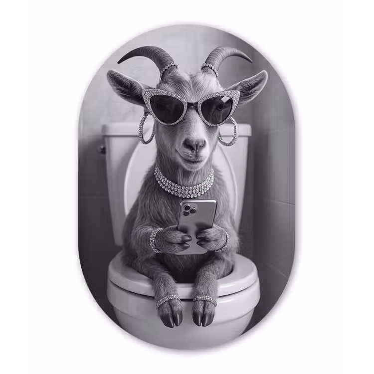 Geit - Telefoon - Toilet - Zwart - Wit Wandcirkel Ovaal Forex klein -3d