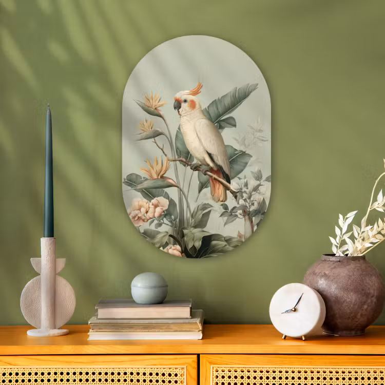 Gele kuifkaketoe - paradijsvogelbloemen - Groen Wandcirkel Ovaal Forex klein -sfeer2