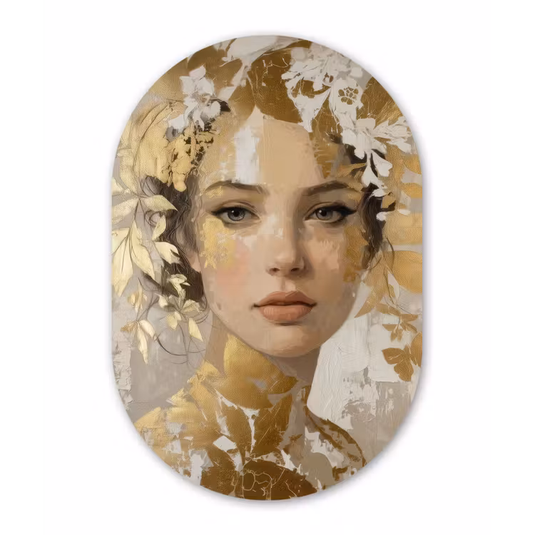 Gezicht - Vrouw - Bladeren - Goud Wandcirkel Ovaal Forex klein -3d