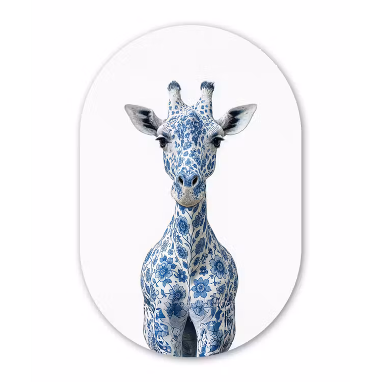 Giraffe - Delfts blauw - Dieren - Minimalistisch Wandcirkel Ovaal Forex klein -3d