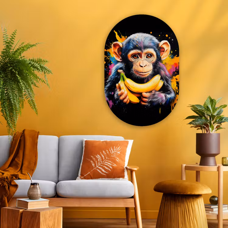 Aap - Graffiti - Kleurrijk - Bananen - Modern Wandcirkel Ovaal Glas middel -sfeer4