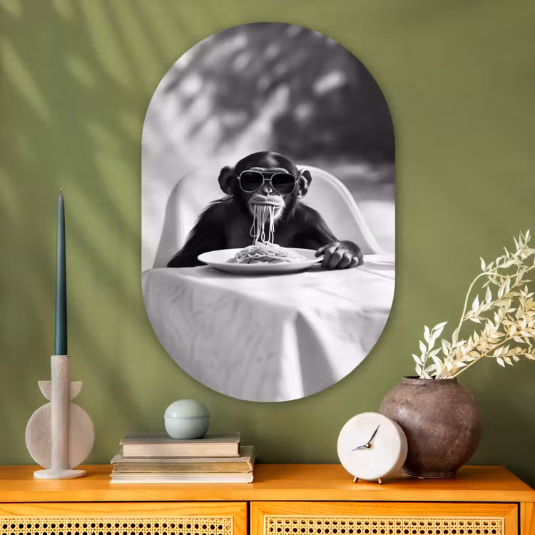 Aap - Spaghetti - Zonnebril - Zwart wit - Cool - Dier Wandcirkel Ovaal Glas middel -sfeer2