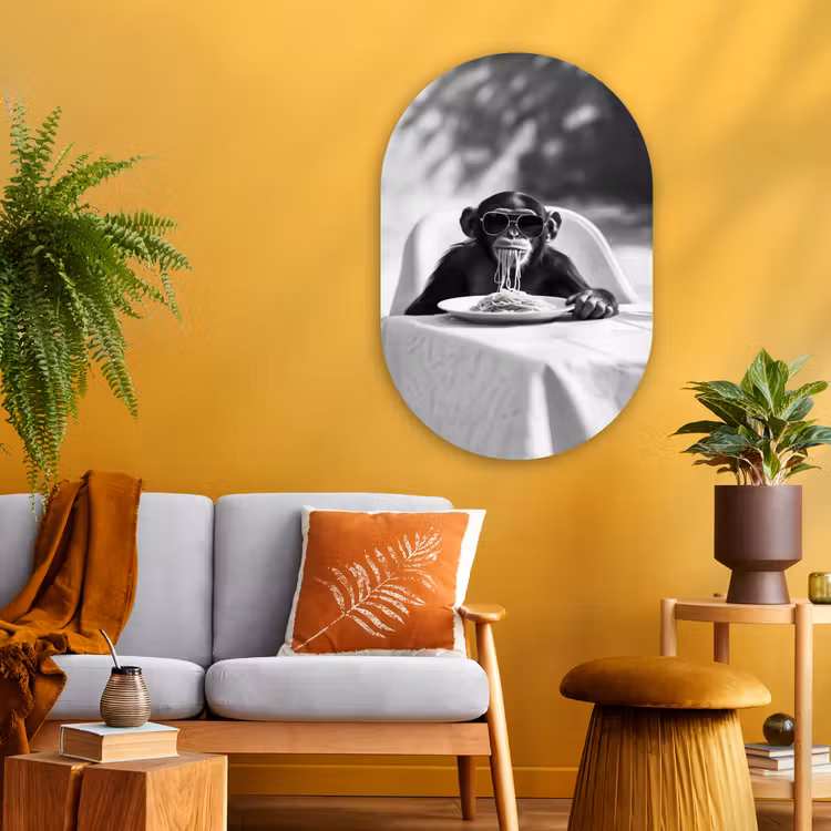 Aap - Spaghetti - Zonnebril - Zwart wit - Cool - Dier Wandcirkel Ovaal Glas middel -sfeer4