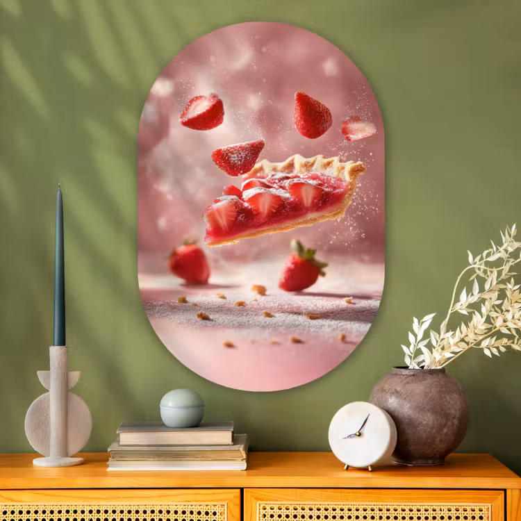 Aardbei - Taart- Eten - Roze Wandcirkel Ovaal Glas middel -sfeer2