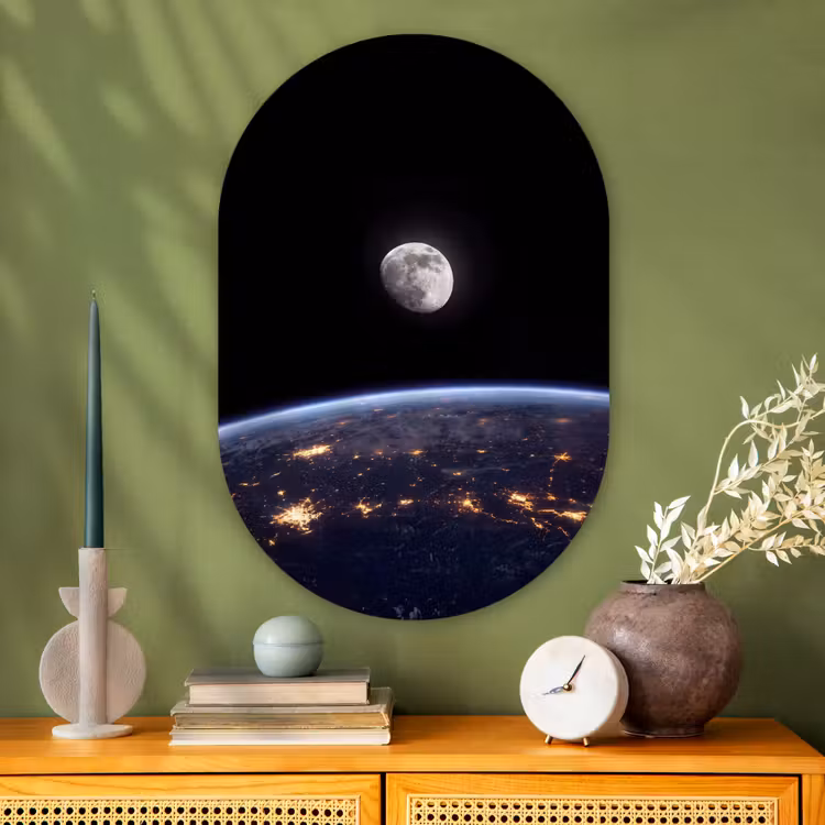 Muurovaal glas - Aarde - Nacht - Ruimte - Aarde - Nacht - Ruimte Wandcirkel Ovaal Glas middel