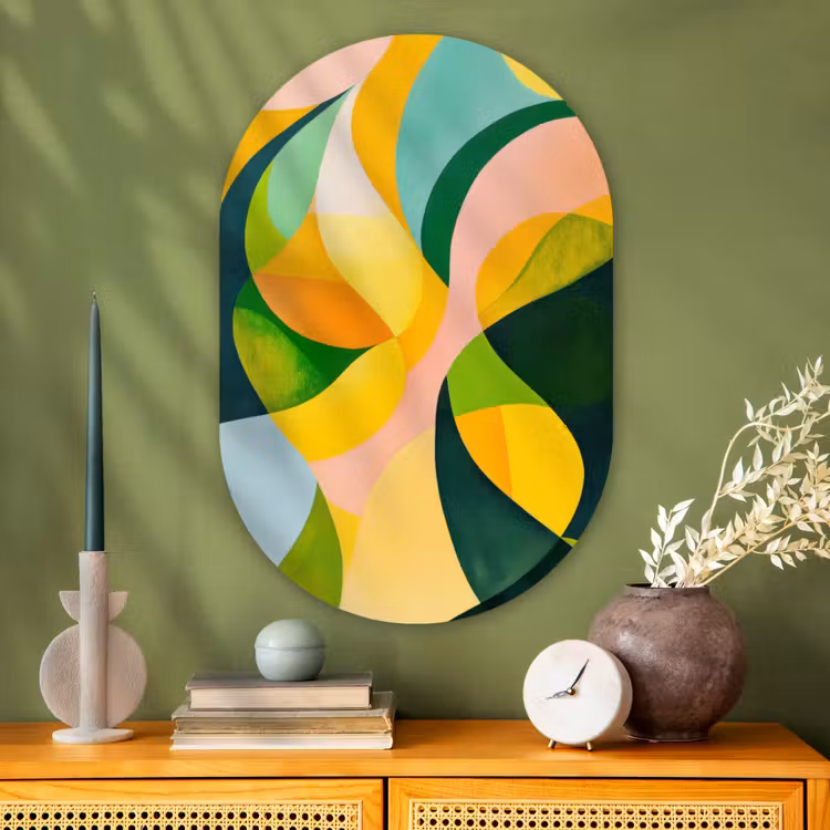 Abstract - Geel - Roze - Groen Wandcirkel Ovaal Glas middel -sfeer2