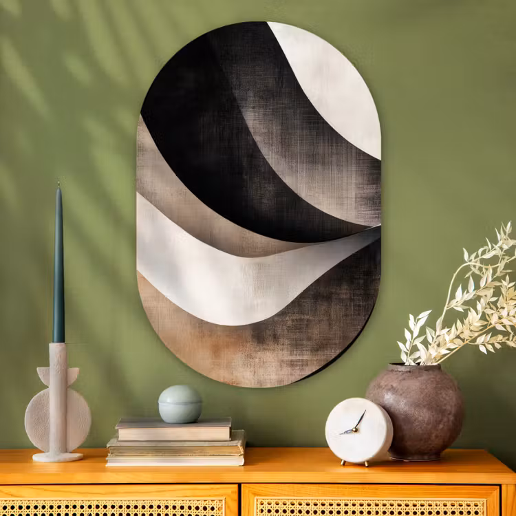 Abstract - Golven - Zwart - Verweerd Wandcirkel Ovaal Glas middel -sfeer2