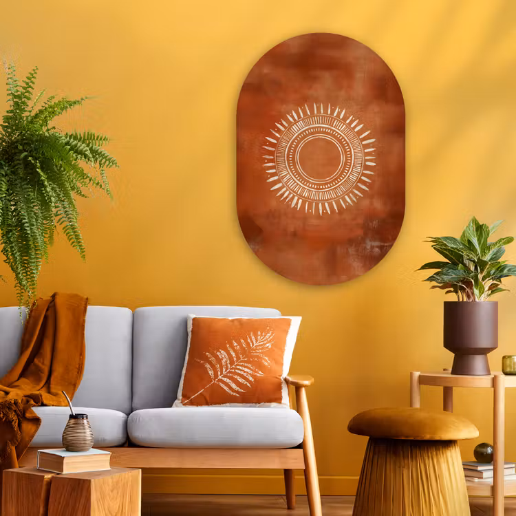 Abstract - Lijnen - Zonnestralen - Roodbruin Wandcirkel Ovaal Glas middel -sfeer4