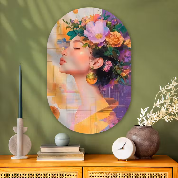 Abstract - Vrouw - Bloemenkroon - Goud Wandcirkel Ovaal Glas middel -sfeer2