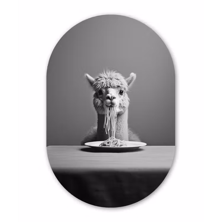 Alpaca - Pasta - Zwart - Wit - Grappig - Dieren Wandcirkel Ovaal Glas middel -3d