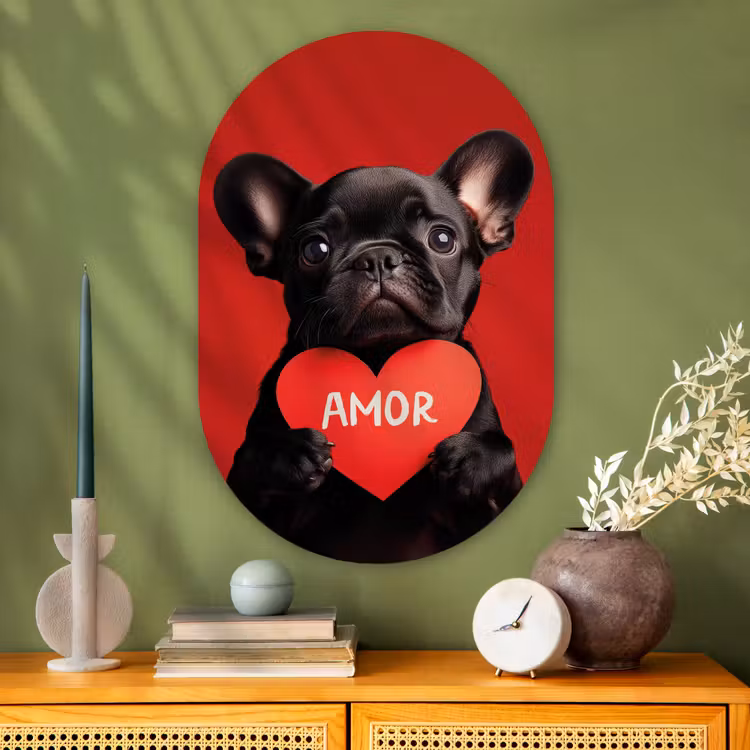 Amor - Hond - Hartje - Rood Wandcirkel Ovaal Glas middel -sfeer2