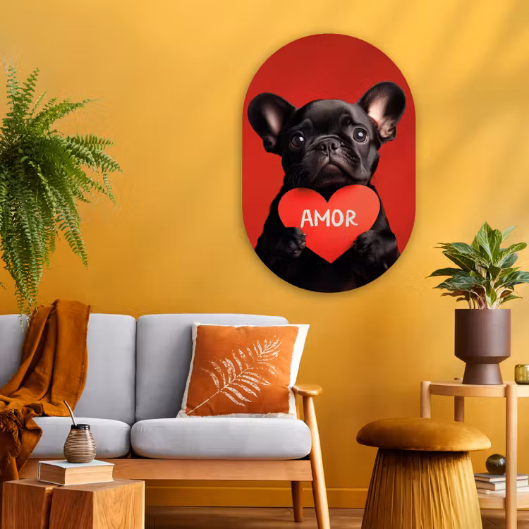 Amor - Hond - Hartje - Rood Wandcirkel Ovaal Glas middel -sfeer4