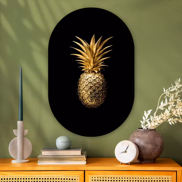 Ananas - Zwart - Goud - Luxe Wandcirkel Ovaal Glas middel -sfeer2