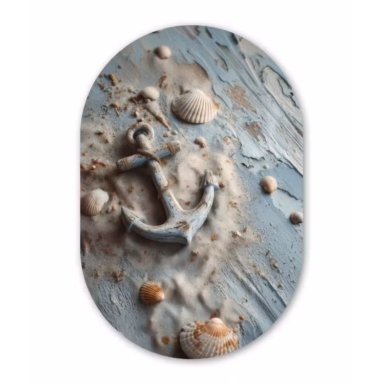 Anker - Hout - Schelpen - Zand Wandcirkel Ovaal Glas middel -3d