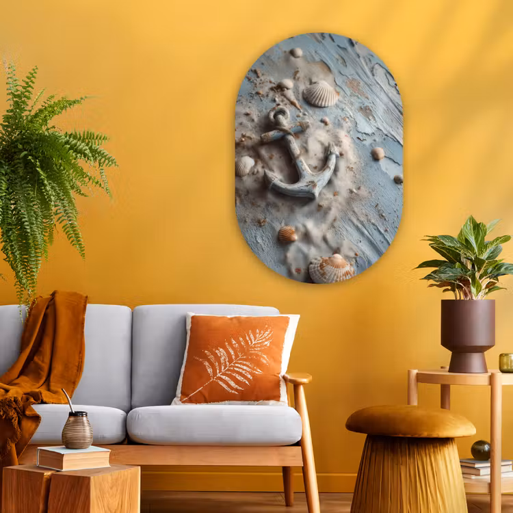 Anker - Hout - Schelpen - Zand Wandcirkel Ovaal Glas middel -sfeer4