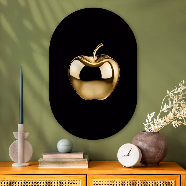Appel - Goud - Chrome - Zwart Wandcirkel Ovaal Glas middel -sfeer2