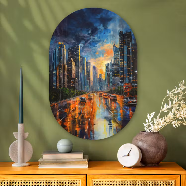 Auto - Skyline - Zon - Blauw Wandcirkel Ovaal Glas middel -sfeer2