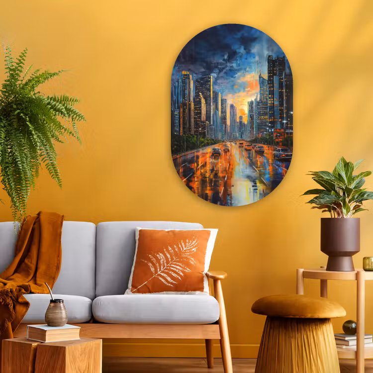 Auto - Skyline - Zon - Blauw Wandcirkel Ovaal Glas middel -sfeer4