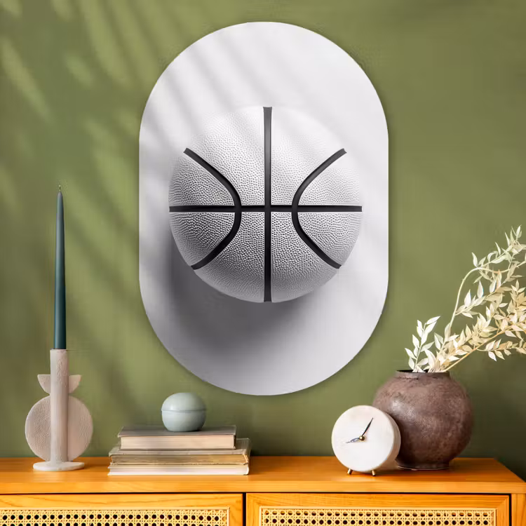 Basketbal - Wit - Schaduw - Lijnen Wandcirkel Ovaal Glas middel -sfeer2